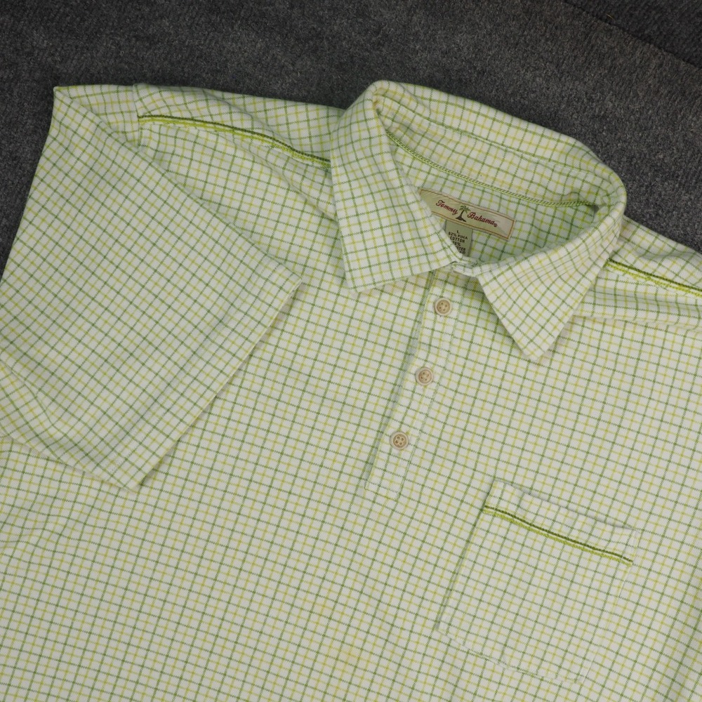 Tommy Bahama Polo Shirt Mens Large Green Plaid Short Sleeve Pima Cotton‎ Island